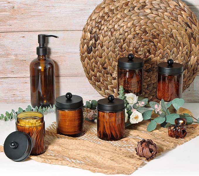 Amolliar Amber Glass Apothecary Jars Qtip Holder w/Metal Lids - Image 7