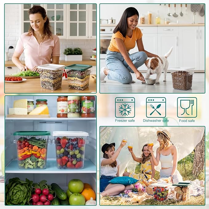 Lallisa 8 Pack 4 Qt Clear Food Storage Container with Handles and Lid Commercial Grade Square Food Containers with Lids Polycarbonate Storage Container for Home Kitchen Restaurant (White and Green)