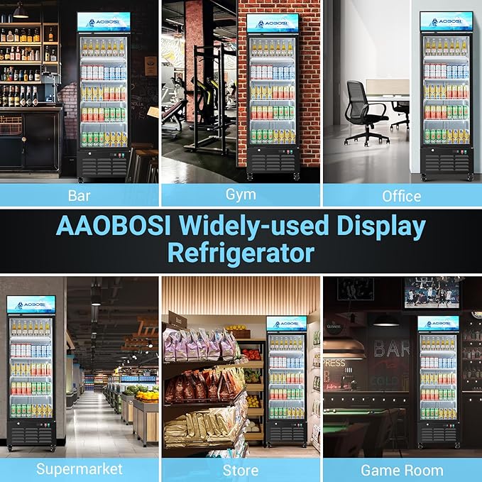 AAOBOSI Commercial Merchandiser Refrigerator,17.09Cu.Ft Glass Door Display Refrigerator,Upright Beverage Cooler Fridge with Soft LED Light, Customizable Lightbox,Universal Casters,Adjustable Shelves