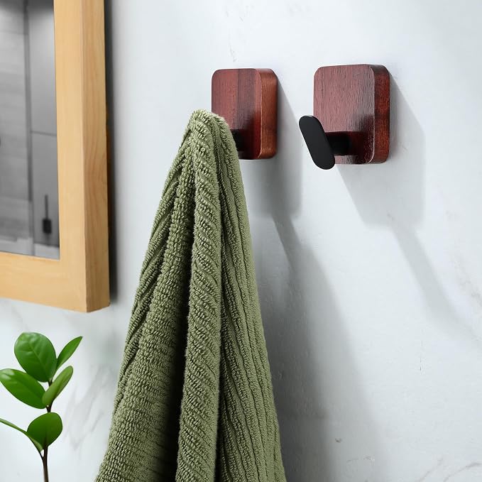 Acacia Wooden Towel Hooks Red Brown, 4 Pack Sticky Hooks - Image 4