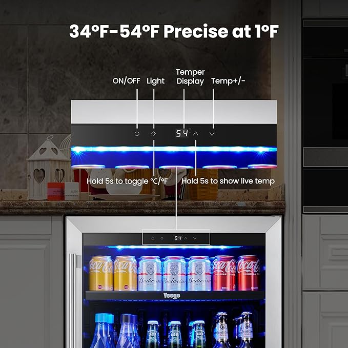 Yeego Beverage Refrigerator & Drink Fridge - 24 inch 180 Cans Beer Cooler Glass Door, 34-54℉ Under Counter Refrigerator Built-in for Drink Soda Wine for Bar Office Bedroom