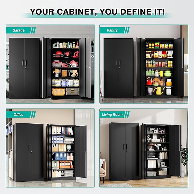 SISESOL Metal Storage Cabinet with Lock and 5 Adjustable Shelves,Lockable Garage Storage Cabinet,71" Black Steel File Cabinets with Locking Doors,Tool Cabinets for Home,Office,Garage
