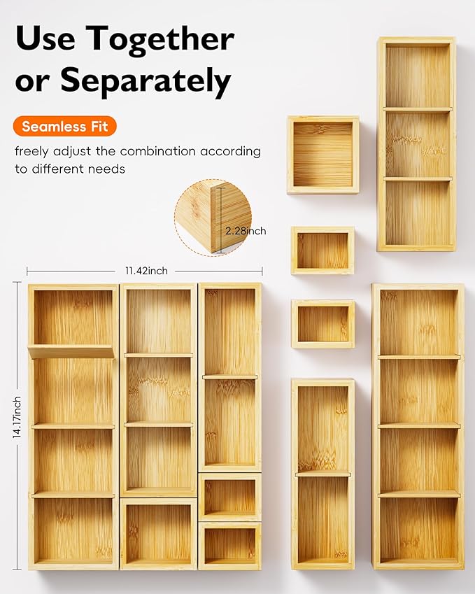 Bamboo Drawer Organizer Set, Flexible Modular Trays, Water-Resistant, Stackable - Image 2