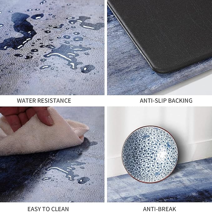 MAYHMYO Anti Fatigue Kitchen Mat - Set of 2 - Blue Design Comfort Mats - Cushioned, Non Slip Floor Mat,17.3 x 29 x 0.4 inch + 17.3 x 59 x 0.4 inch