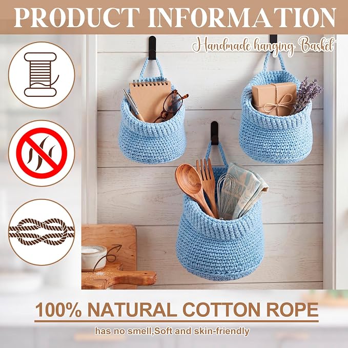 Honeydak 3 Hanging Baskets, Light Blue, Cotton Rope - Image 3