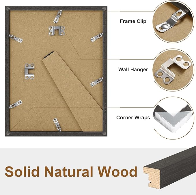 Vittanly 8.5x11 Picture Frame, Solid Wood Frame with Plexiglass, Includes 6x8 Mat, Wall Hanging or Tabletop for Photos, Home Decor, Black, 1 Pack