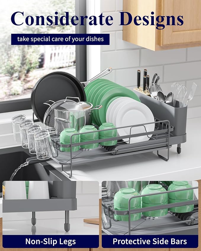 Kitsure Extendable Large Dish Drying Rack, 18.2"-25.7" L x 12.9" W, Cup Holders - Image 5