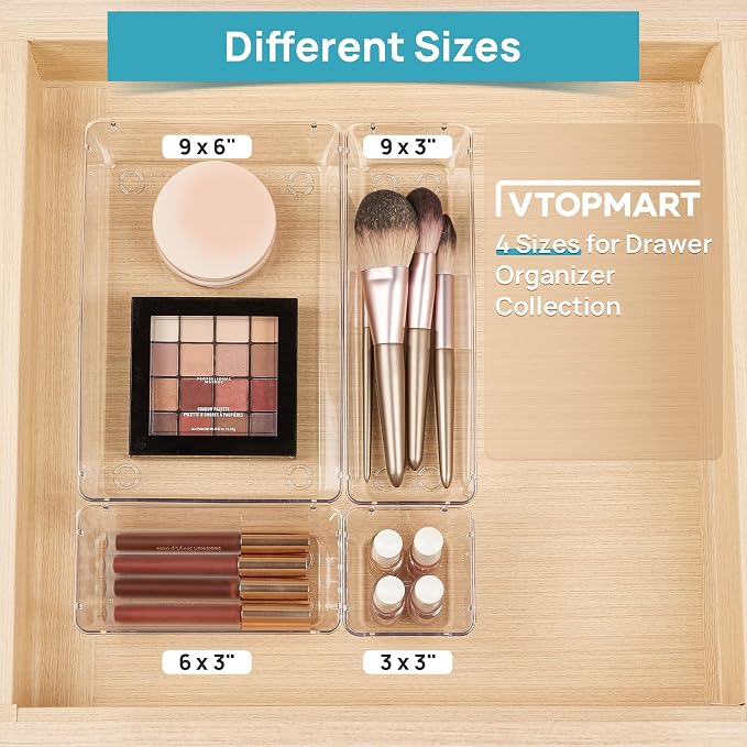 Vtopmart 10 Pack Clear Drawer Organizer Bins, 4 Sizes Makeup Storage Trays | - Image 4