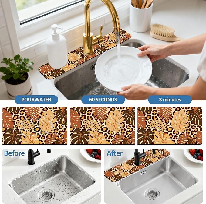 2 Pcs Kitchen Sink Splash Guard Faucet Mat Leopard Print Leaves Faucet Mat - Image 5