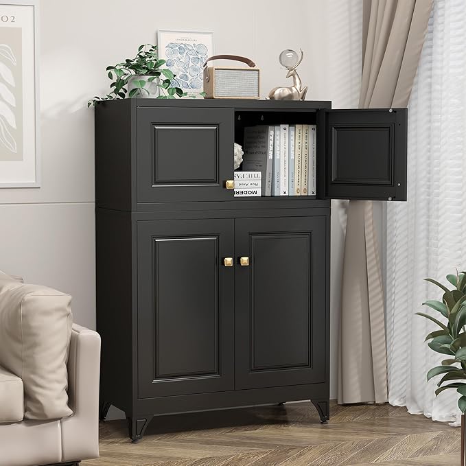 Metal Storage Cabinet with Doors, Small Kitchen Storage Cabinets, Black Wall Cabinet, 15" Tall Home Office Cabinet, Steel Overhead Cupboard for Pantry, Living Room, Kitchen- Assembly Required