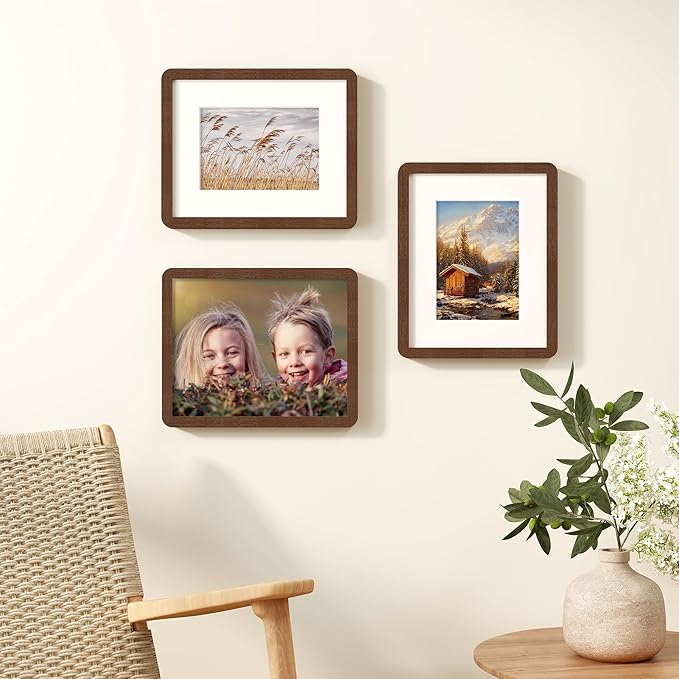 8x10 Picture Frame, Rustic 8 by 10 Photo Frame for Wall & Tabletop Display - Solid Oak Wood & Tempered Glass, 8x10 Picture Frame Matted to 5x7, Wood Collage Frames for Home, Walnut Color, 3 Pack