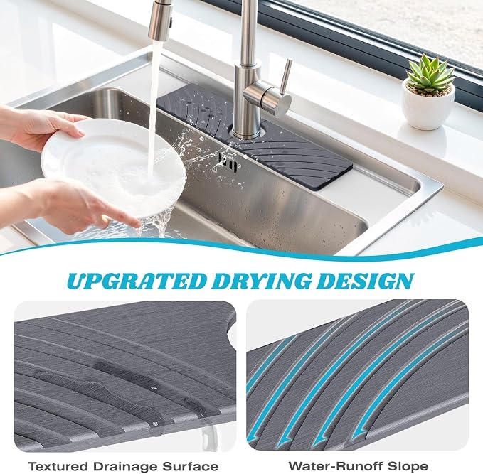 SpaceHacks Stone Faucet Mat for Kitchen Sink 15.7x4 in, Dark Gray | Fast Drying - Image 3
