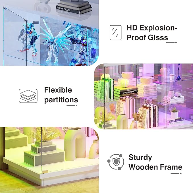 Lvifur RGB Glass Display Cabinet - with Lock, High Gloss Sideboard with Human Body Sensor & Glass Shelves for Toys, Books, Collectibles, Liquor, Bookcase for Living Room, Kitchen, Study, White