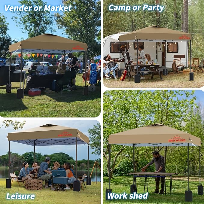 12x12 Pop Up Canopy, Easy Up Canopy Tent, Heavy Duty Tents for Parties, One Person Set Up Event Tent, Khaki