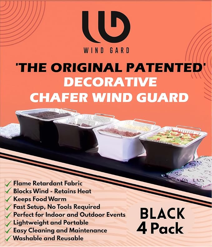 Chafer Wind Guard 4 Pack - Decorative Chafing Dish Wind Guard - Flame Retardant Polyester Buffet Food Warmer Sterno Covers - Washable Reusable for Weddings, Events, Parties - Catering Supplies - Black