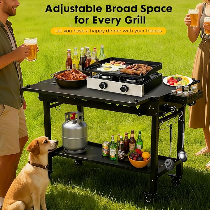 Portable Outdoor Grill Table with Wheels, Heavy-Duty Steel Prep Table, Folding Griddle Stand with Shelves, Bottle Opener, No Assembly Required, for BBQ, Pizza Oven, Patio