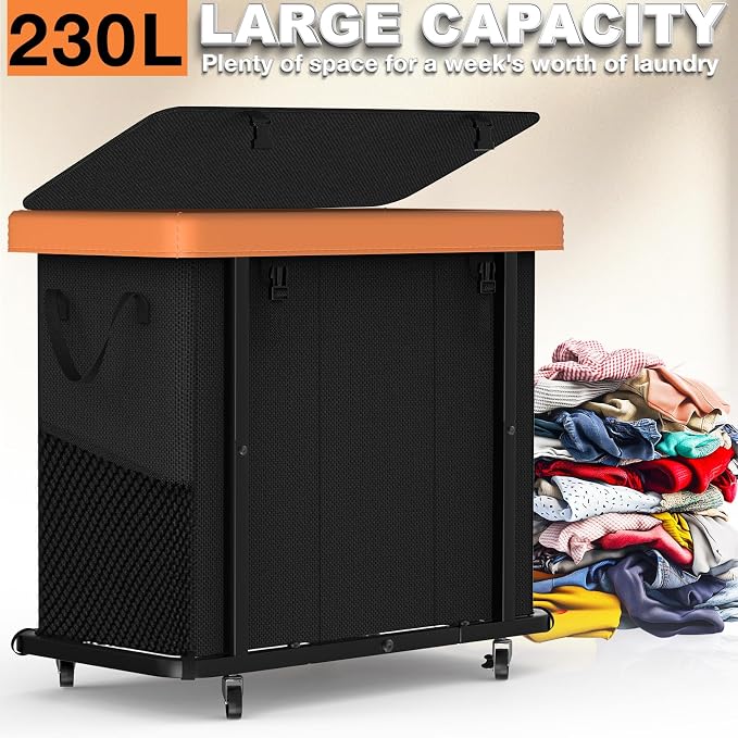 Laundry Basket with Wheels, 230L Leather Patchwork Laundry Sorter 3 Section - Image 3