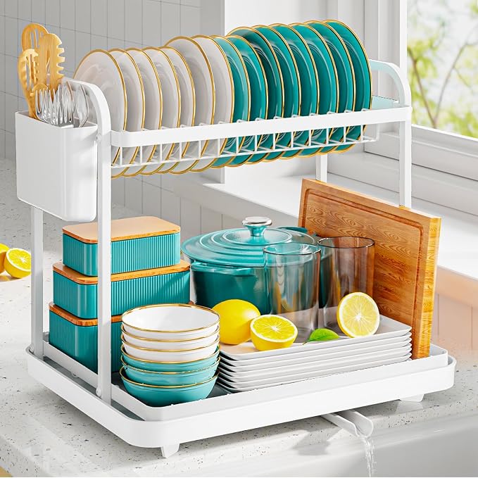 Sakugi Dish Drying Rack 2-Tier 15: x11.4" x15" White Double Rod | Kitchen by Sakugi