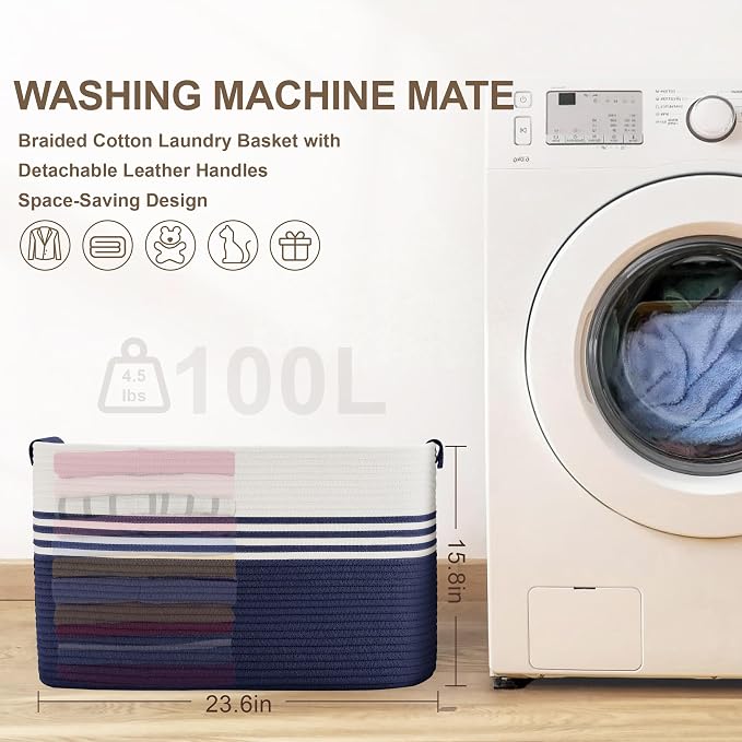 100L Large Woven Laundry Basket Hamper - Image 7