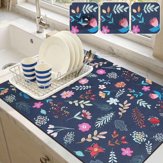 LOKHOM 18"x24" Dish Drying Mat，Colorful Floral Coffee Mat Blue | Colorful by LOKHOM