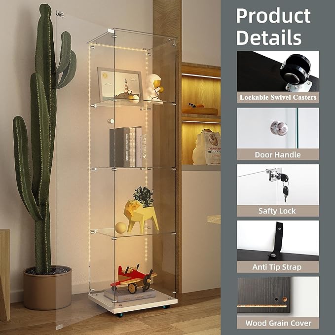Glass Display Cabinet with LED Light Strip, 4 Shelves with 1 Door, Glass Top Curio Storage Cabinets with Lock & Caster for Living Room, Floor Standing Bookshelf,Quick Installation - White