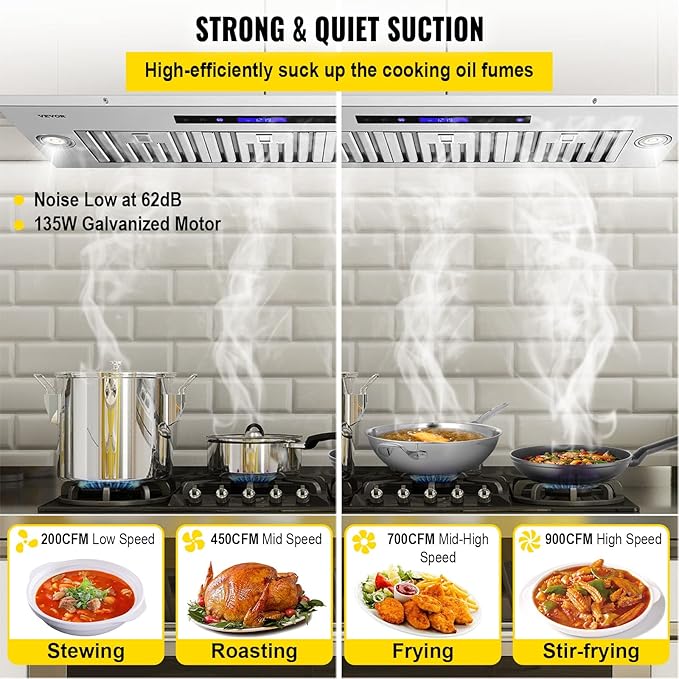 VEVOR Insert Range Hood, 900CFM 4-Speed, 36 Inch Stainless Steel Built-in Kitchen Vent with Touch & Remote Control LED Lights Baffle Filters, Ducted/Ductless Convertible, ETL Listed…