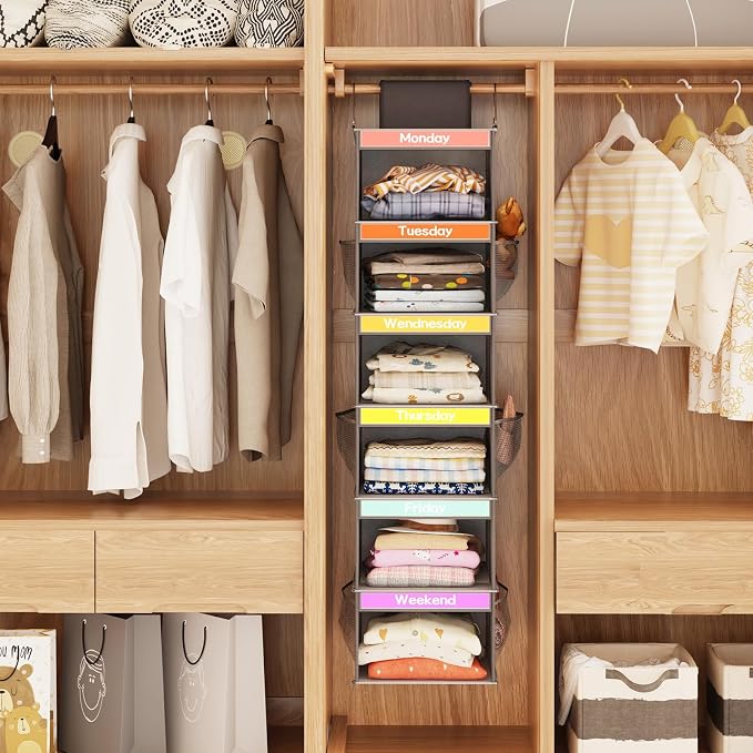 Fixwal Weekly Kids Clothes Organizer 2 Pack 6-Shelf Hanging Storage | Nonwoven - Image 5