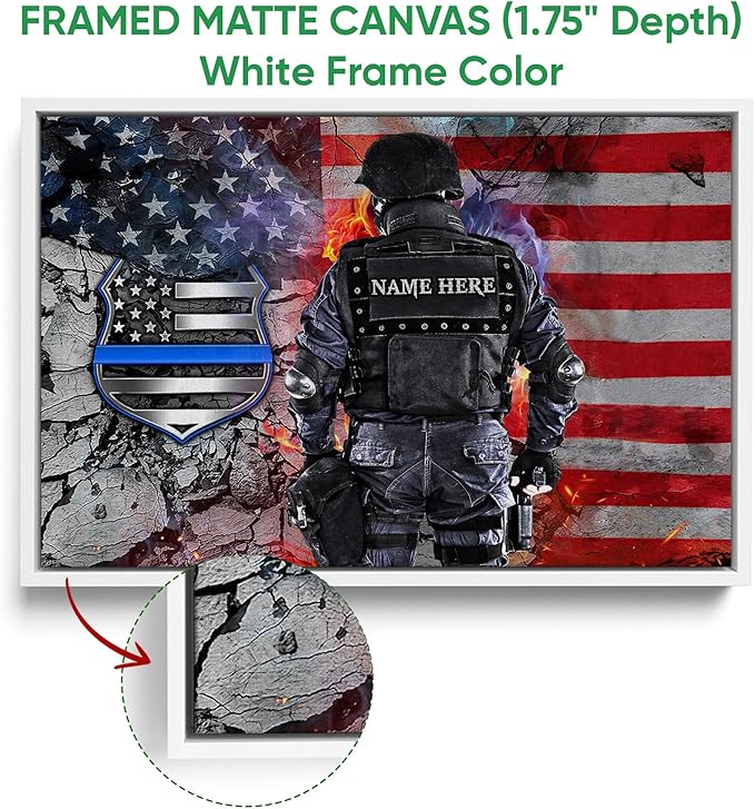 Personalized Police Poster & Framed Canvas, Thin Blue Line American Flag Patriotic Home Office Decor, Custom Name Bedroom Living Room Aesthetic Wall Art Gift For Policeman, Law Enforcement