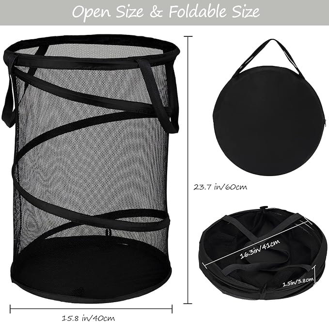 BATTOO 2 Pack Black Large Collapsible Laundry Basket Foldable Mesh Pop Up Hamper - Image 2