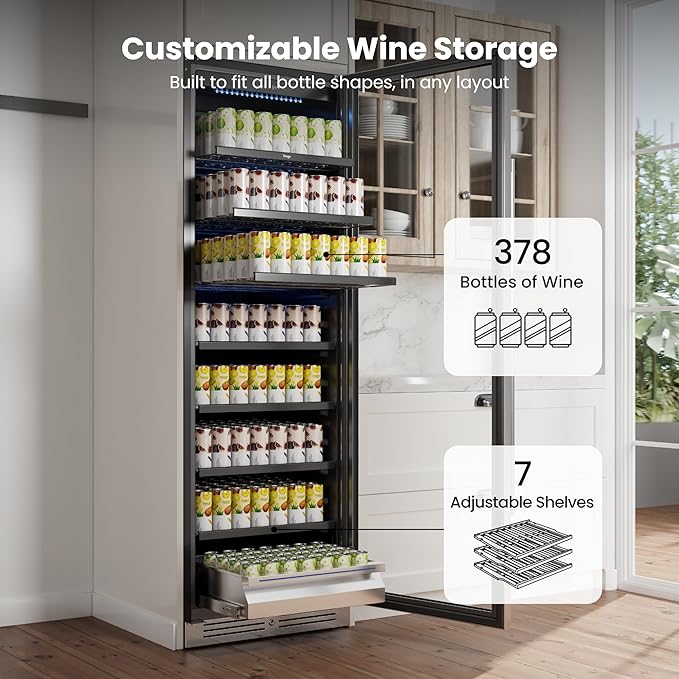 Yeego 24 Inch Large Capacity Beverage Refrigerator, 378 Cans Beverage Cooler with Glass Door & Lock, Built-In or Freestanding Drink Fridge for Soda, Beer & Wine, Office, Bar or Entertainment Area