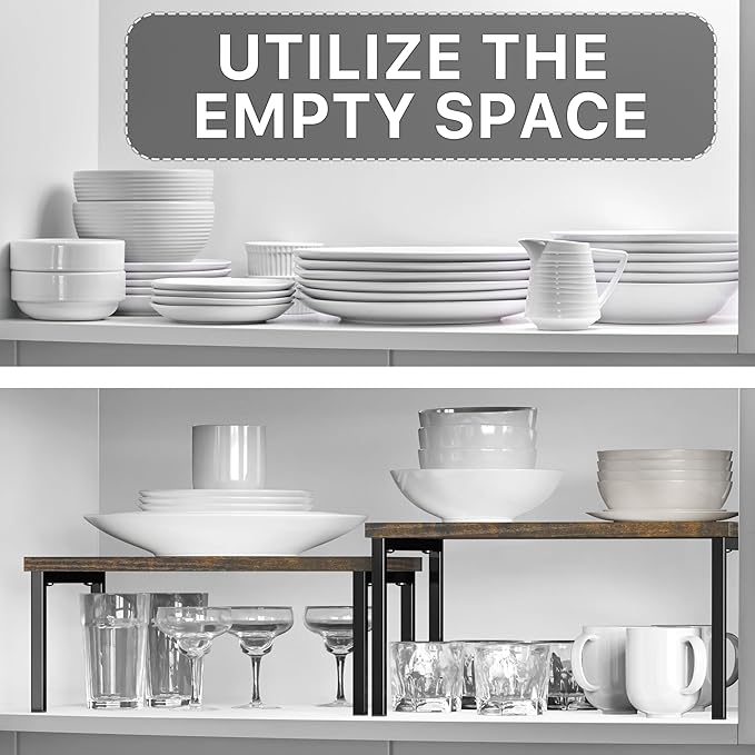 Simple Houseware Expandable Stackable Cabinet and Counter Shelf Organizer with Wooden Surface, 7.6'' D x 11.75'' W x 6.1'' H, Rustic Brown