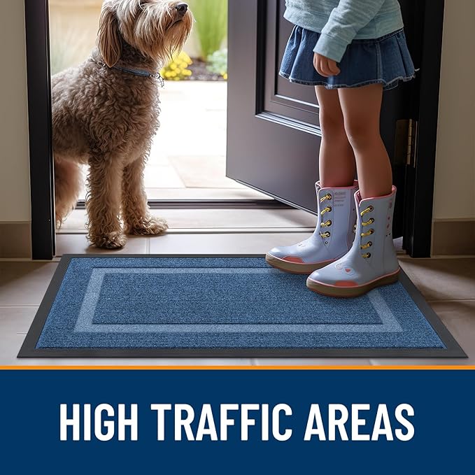 OLANLY Front Door Mat Indoor Outdoor Entrance, Waterproof All-Season, All-Weather Doormat, Sturdy Natural Rubber, Fade Resistant, Low Profile, Easy Clean Patio Porch Entryway Mat, 59x34, Light Blue