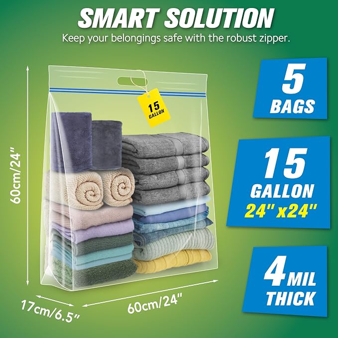 HIBAG 15 Gallon Large Storage Bags, 24” x 24” Resealable Clear Bags - Image 2