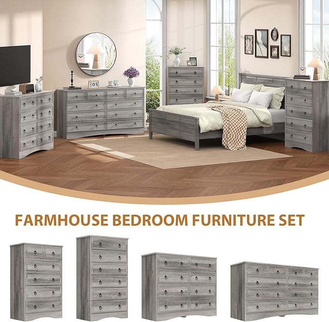 6 Drawer Dresser Tall, 52" Tall Grey Dresser for Bedroom, Chest of Drawers, Large Storage Organizer for Clothes, Grey Vintage, for Living Room, Bedroom, Hallway