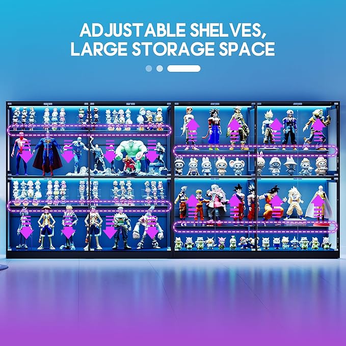 AMERLIFE RGB Display Cabinet with Adjustable Glass Shelves, 4-Tier Storage Case with LED Lights & Press-to-Open Doors, Modern Display Shelf for Collectibles, 70" H×75" L×16" D