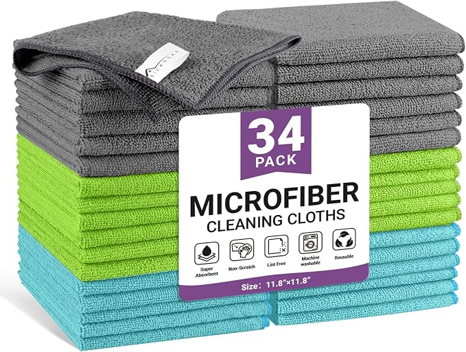 34 Pack Microfiber Cleaning Cloth, 3 Assorted Colors Cleaning Rags by Unknown