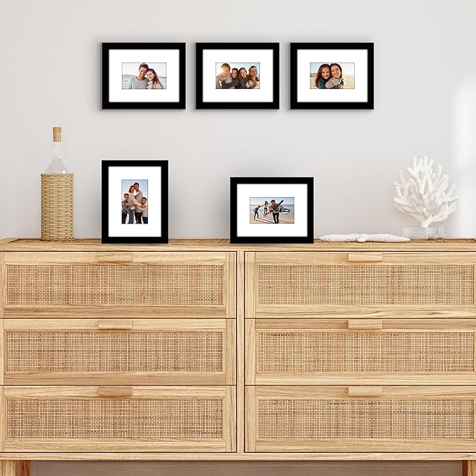 Americanflat 6x8 Picture Frame with Polished Plexiglass - Set of 5 - Use as 3x5 Frame with Mat or Display 6x8 Photo Without Mat - Galleria Collection - Picture Frames for Tabletop and Wall - Black