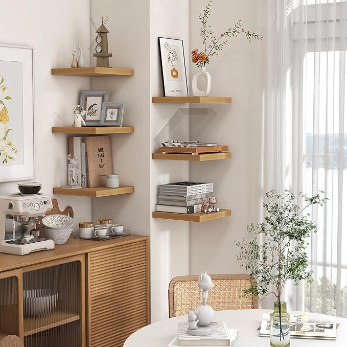 Square Floating Shelves for Wall 8"W x 8"D x 1.2"H, Small Engineered Wood Wall Shelves with Invisible Brackets for Living Room Bedroom Bathroom Office Kitchen Storage & Decor, Oak Finish, Set of 3