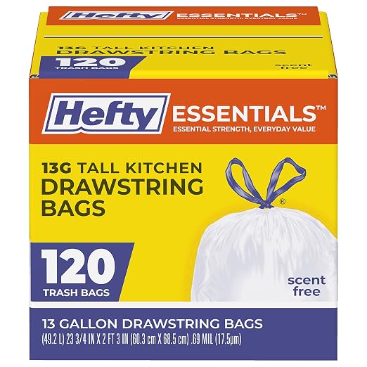 Hefty Essentials 13 Gallon Kitchen Trash Bags, 120ct | Bulk Pack, 13G Tall by Hefty