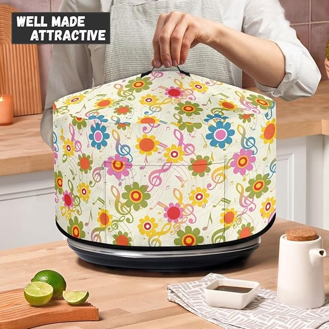 Colorful Sunflower Musical Note Print Slow Cooker Dust Cover Protective with Accessory Pocket Stain Resistant Slow Cooker Cover Easy to Clean Fits for Most 6/7/8 Quart Crock Pot