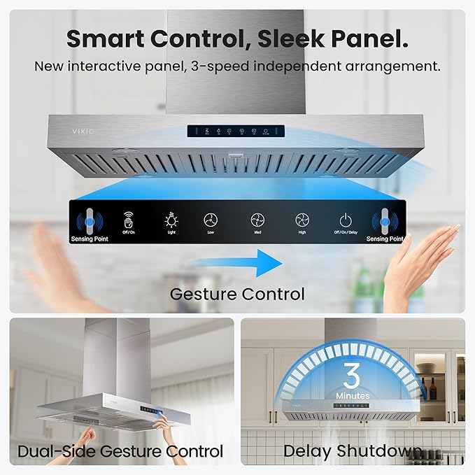 Island Range Hood 42 Inch, 980 CFM Island Mount Range Hood with Dual-Sided Touch/Gesture Control, Ceiling Mount kitchen Hood, Convertible Ducted/Ductless, 3-Speed Fan&4 LED Lights, 4 Baffle Filters