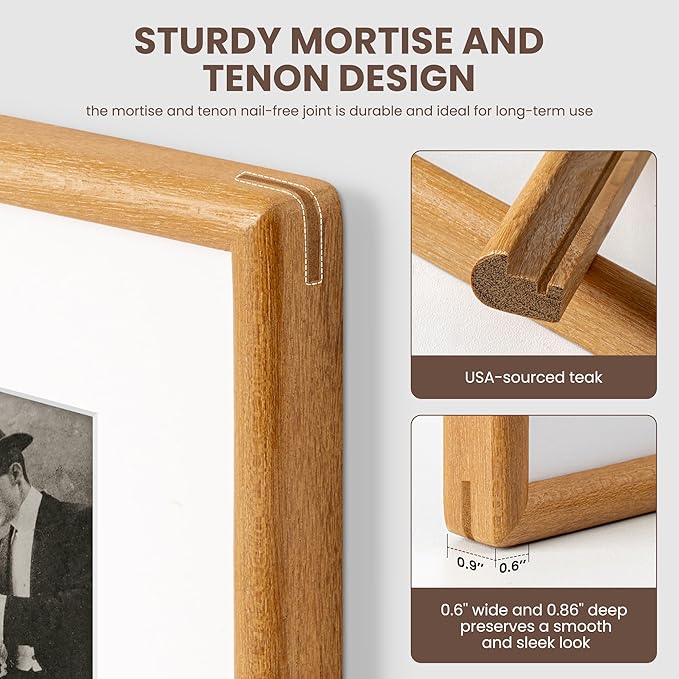 Axeman 12x16 Frame - Solid Teak Wood 12x16 Picture Frame With Mat for 8.5x11 - Rounded Corner 12 x 16 Frame with Tempered Glass for Wall Display