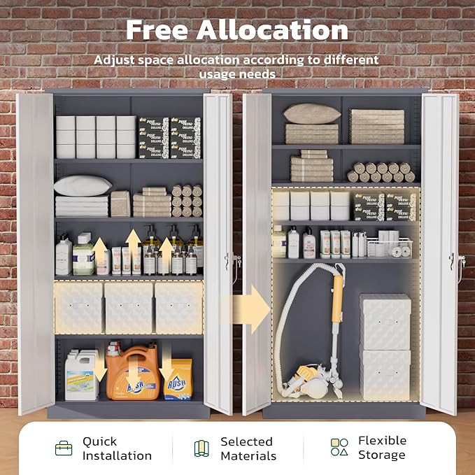 Greenvelly Metal Garage Storage Cabinet with 2 Doors and 4 Adjustable Shelves, 72”H Steel Lockable Storage Cabinet,Tall Metal Cabinet Locking File Cabinet for Office,Home, Garage, Gym, School