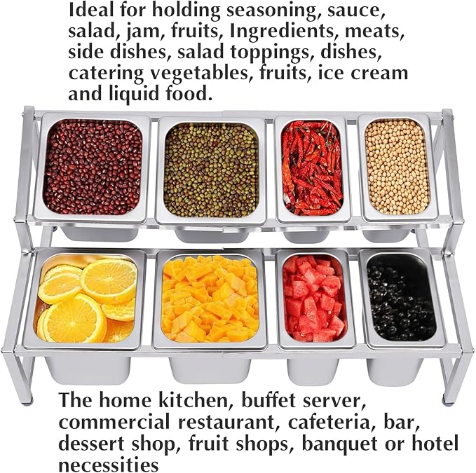 Pizza Topping Station Organizer Condiment Container Dispenser with 8 Pans & Lids, Stainless Steel Ingredients Food Container Countertop Spice Rack Shelf Holder for Seasoning Sauce Salad Jam Fruits
