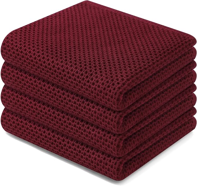 Homaxy 100% Cotton Waffle Weave Kitchen Dish Towels 4-Pack, Burgundy | 13 x 28 by Homaxy