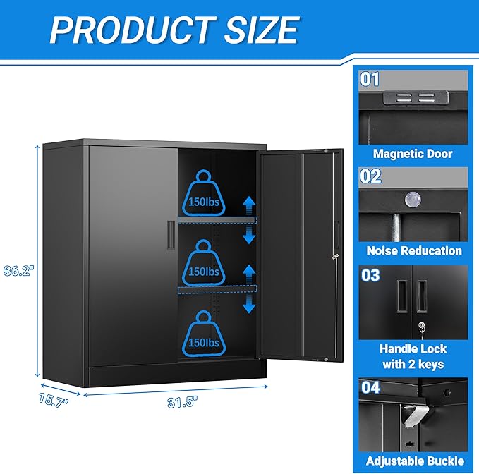 BESFUR Metal Storage Cabinets with Adjustable Shelves and Doors, 36" H Black Locking Storage Cabinet for Home, Office, Garage, Utility Room and Basement