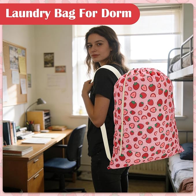 Canvas Laundry Bag with Shoulder Strap Drawstring, Strawberry - Image 6