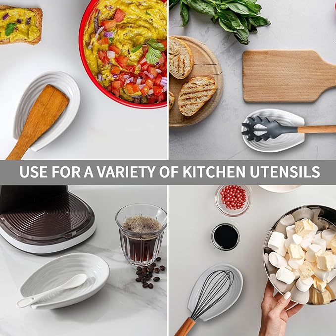 Hasense Ceramic Spoon Rest for Kitchen Counter, 5.7 Inch White Porcelain Spoon Holder for Spatula, Ladle and Tong, Farmhouse Cooking and Coffee Spoon Rest for Stove Top, 1 PC