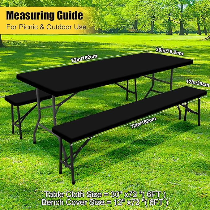 Smiry Picnic Table Cover with Bench Covers, Waterproof Elastic Fitted Polyester Tablecloths for 6 Ft Rectangle Tables, Washable Windproof Tablecloth for Camping, RV & Outdoor (Black, 30x72 Inches)