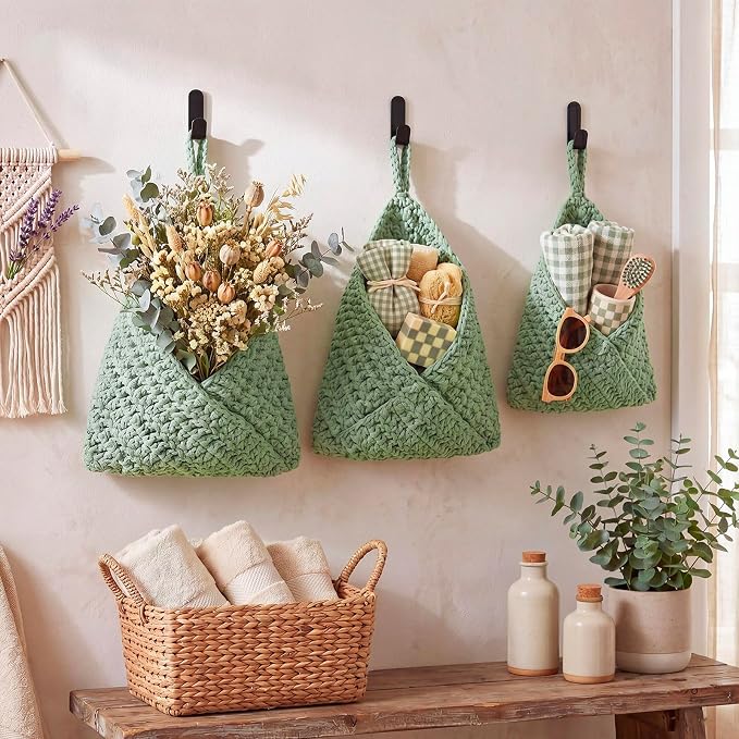 Honeydak 3 Hanging Baskets, Sage Green, Cotton Rope - Image 6